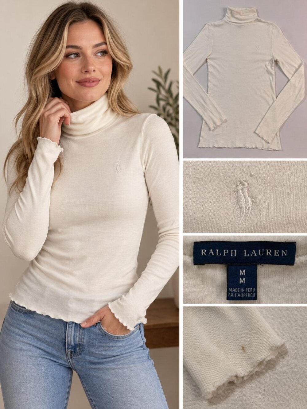 Ralph Lauren Women's Ivory Turtleneck Long Sleeve Pony Logo Size M
